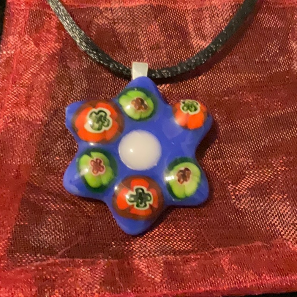 🔴Multi Colored Star Of David Fused Glass Pendant Necklace, Handcrafted